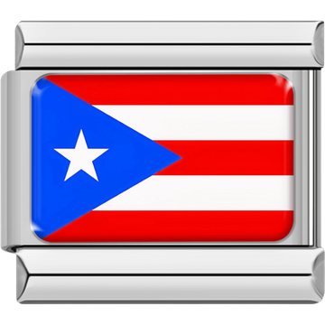 Rectangular Italian charm with a silver border featuring the Puerto Rico flag design of red and white stripes with a blue triangle and white star.